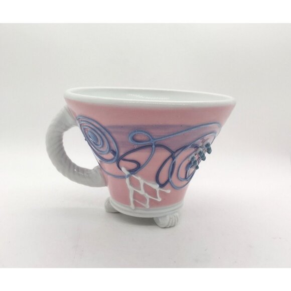 Studio Pottery Signed Hiulmm Abstract Footed Coffee Mug Pink Raised Relief - Picture 4 of 7